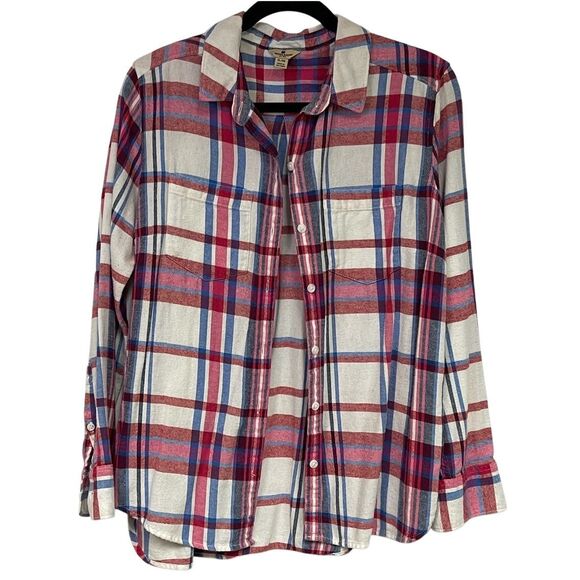 WOOLRICH Women’s Flannel Button Shirt XL Red Blue Plaid Soft Long Sleeve Pockets - Picture 3 of 8